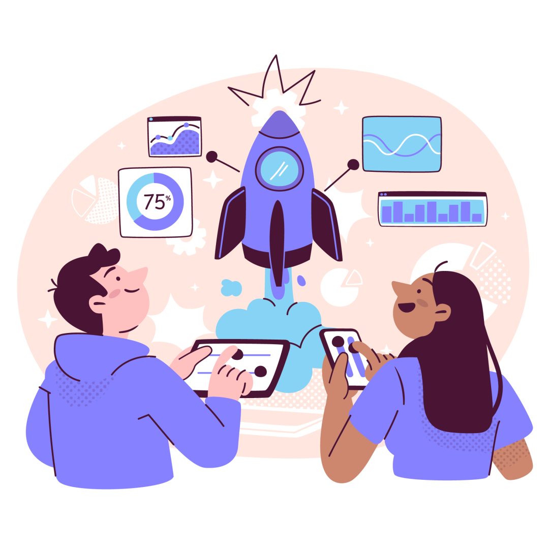 Ilustración de lanzamiento de campaña digital con análisis de datos, gráficos de rendimiento y trabajo en equipo.