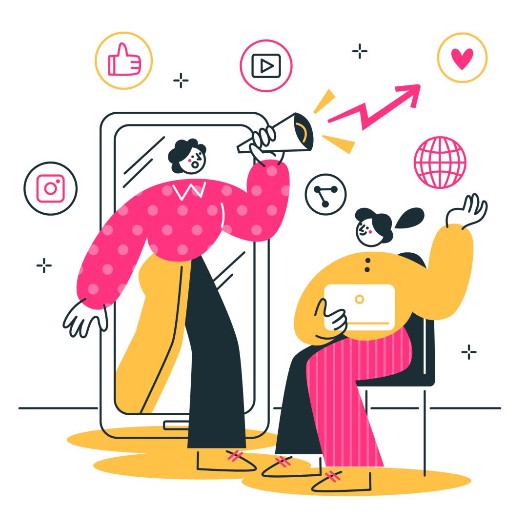 Ilustración colorida de comunicación digital en redes sociales, con interacción entre creadores de contenido y audiencia.