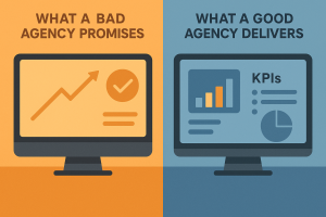 Comparativa entre agencia poco fiable y agencia profesional con métricas claras