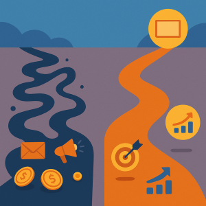 Persona evaluando agencias digitales en un mapa tecnológico de Navarra con iconos estratégicos

