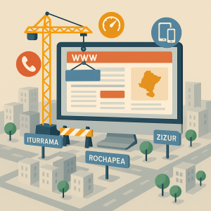 Web isométrica en construcción sobre barrios de Pamplona con señales de optimización SEO
