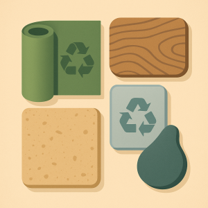 Muestra de materiales ecológicos para rotulación como madera reciclada, vinilo ecológico y piedra natural.