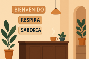 Escaparate con vinilos creativos, ilustraciones locales y códigos QR integrados.

