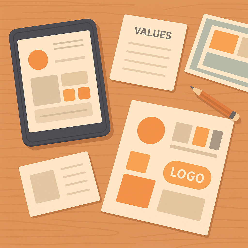 Mesa de trabajo con tablet, diseño de marca y elementos visuales organizados