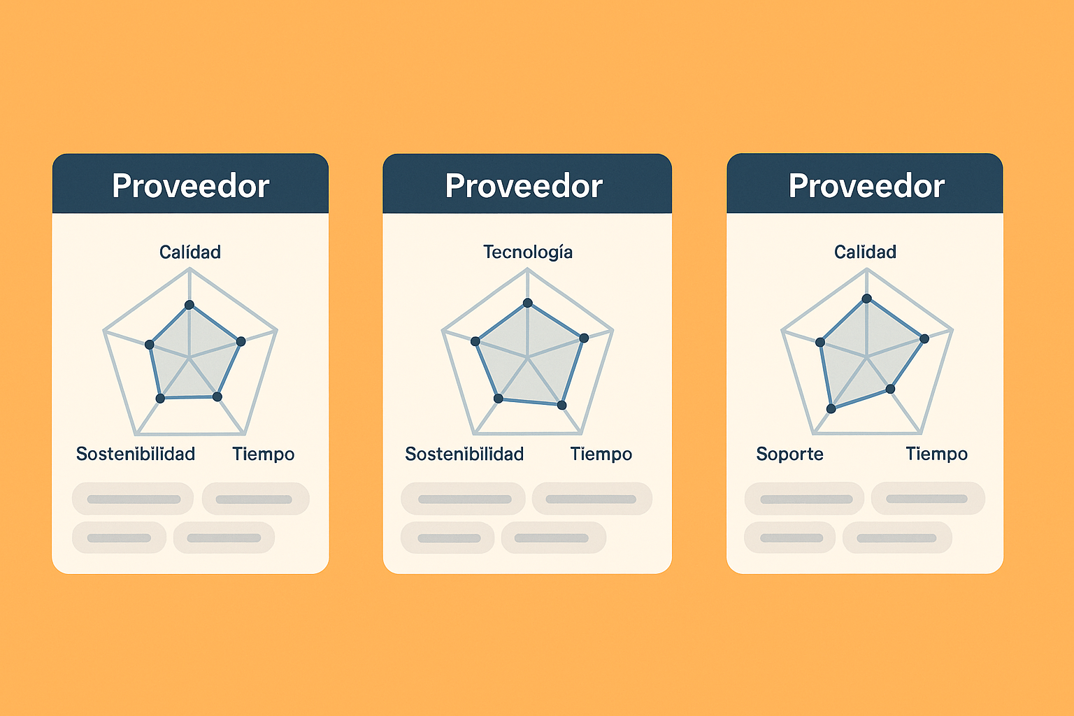 Comparativa visual de fichas de proveedores con criterios de evaluación como calidad y tecnología.
