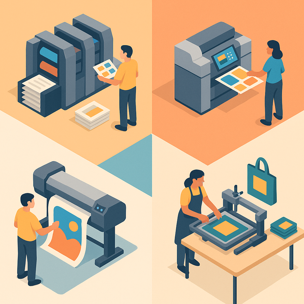 Estaciones de impresión offset, digital, gran formato y serigrafía trabajando en paralelo.