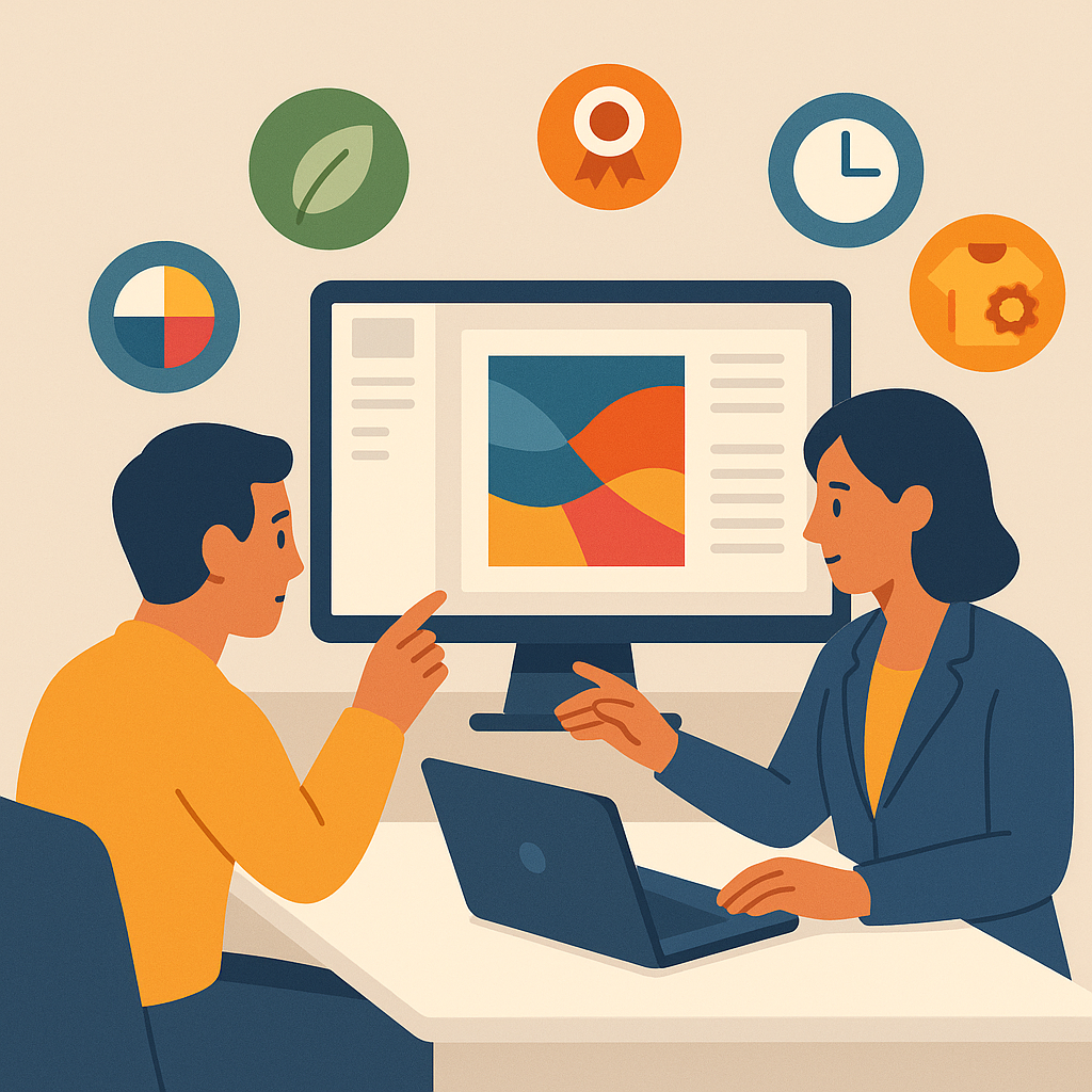 Cliente y asesor revisan diseño con iconos de sostenibilidad, calidad y personalización flotando alrededor.