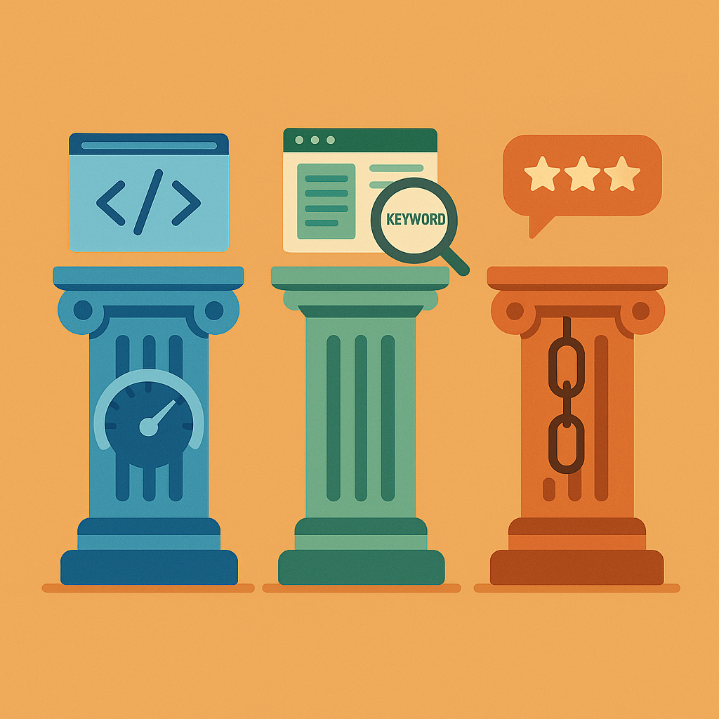 Tres pilares visuales de SEO: técnico, on-page y off-page con sus componentes