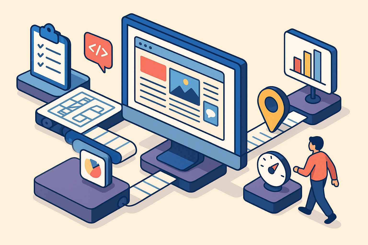 ábrica digital con etapas del rediseño web desde auditoría hasta medición de resultados.