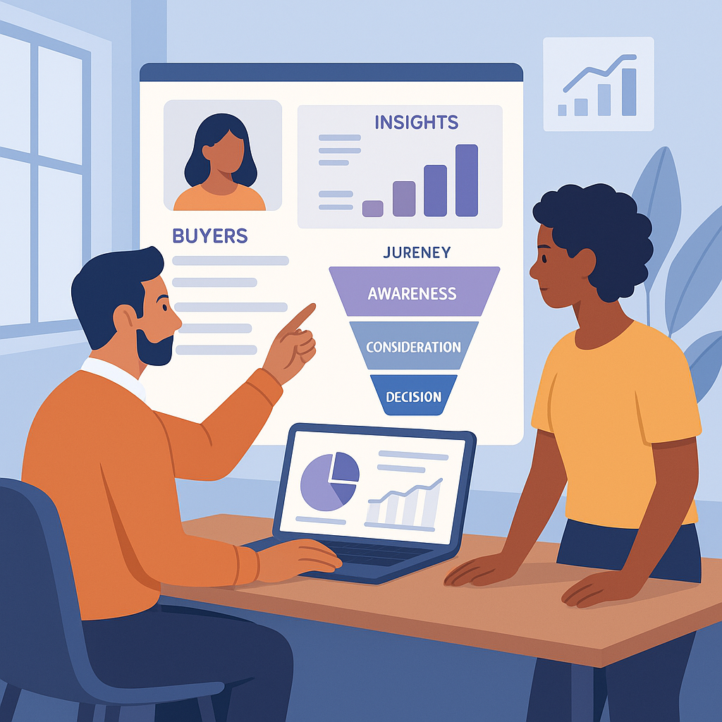 Profesionales analizando buyer personas y embudo de cliente en una oficina