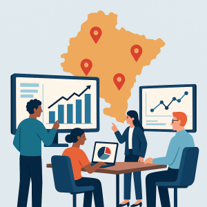 Personas analizando datos SEO frente a mapa de Navarra con pines locales.
