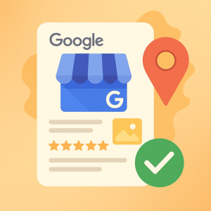 Representación ilustrada de una ficha de Google My Business con reseñas y ubicación.
