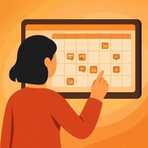 Persona organiza calendario de publicaciones en redes sociales.
