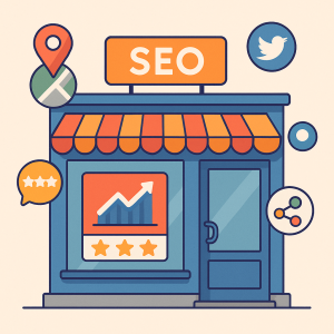 Tienda local con elementos digitales de SEO, reseñas y redes sociales flotando alrededor.