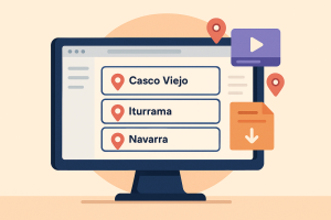 Artículos y recursos digitales saliendo de una pantalla con ubicaciones de Pamplona como etiquetas.