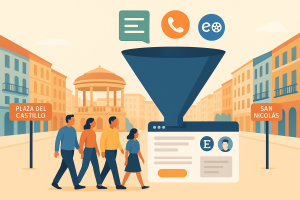 Embudo de conversión desde personas en Pamplona hasta contacto online en una web con elementos locales.