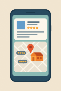 Ilustración de ficha de negocio en Google con mapa y reseñas.