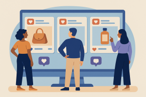 Personas interactuando con un escaparate formado por publicaciones de redes sociales.