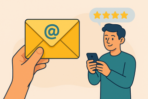 Mano enviando email y cliente dejando reseña con estrellas en su móvil.