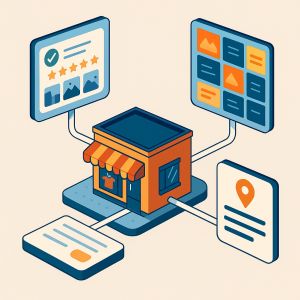 Tienda local enlazada a fotos reseñas y ficha verificada con datos NAP coherentes en directorios