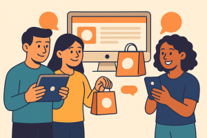 Clientes usando productos y canales de una marca con identidad visual coherente.