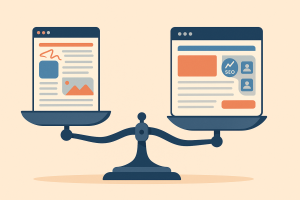 Comparación entre web caótica y web profesional en balanza.