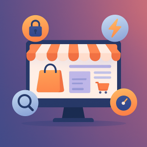 Tienda online en pantalla rodeada de iconos de seguridad, velocidad, SEO y carrito.