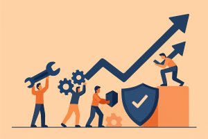 Gráfico de ventas en aumento sostenido por iconos de mantenimiento y seguridad.