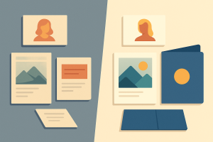 Comparación entre impresiones de baja calidad y alta calidad en material corporativo.