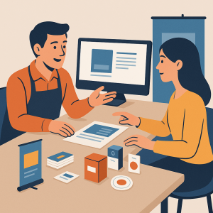  Profesional de imprenta local asesorando a una clienta con muestras de impresión.